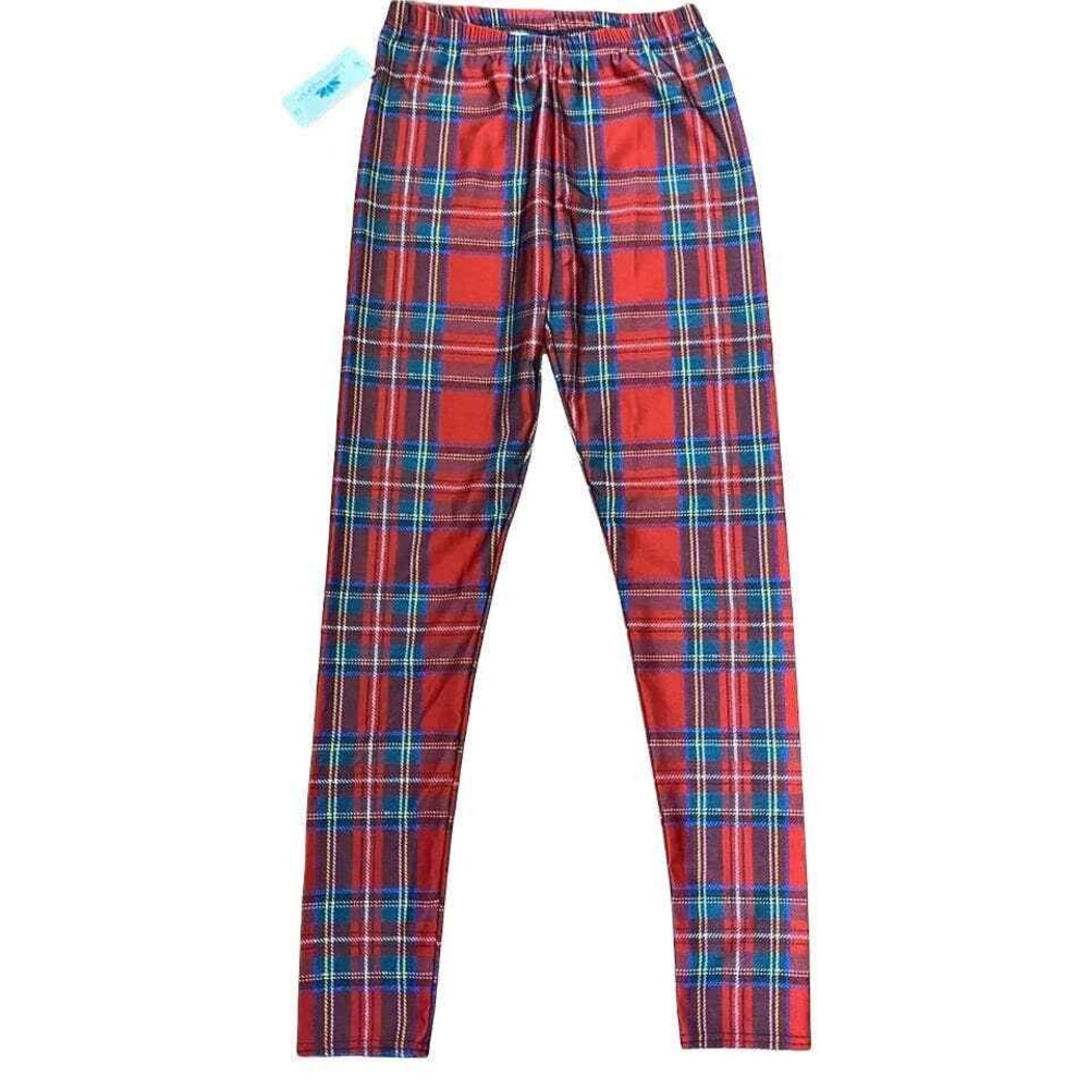 Lotus Leggings Large Red Tartan Plaid Stretch Holiday Punk Emo Dark Academia Red